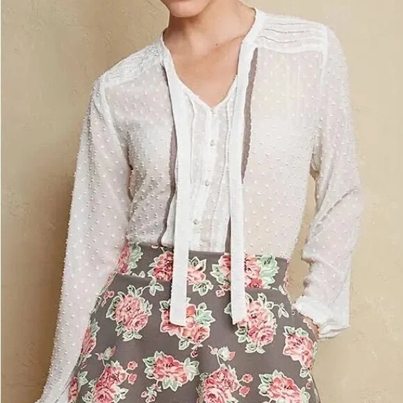 Matilda Jane Tops - Matilda Jane Renae Top Womens XS‎ White Long Sleeve Swiss Dot Semi Sheer Blouse